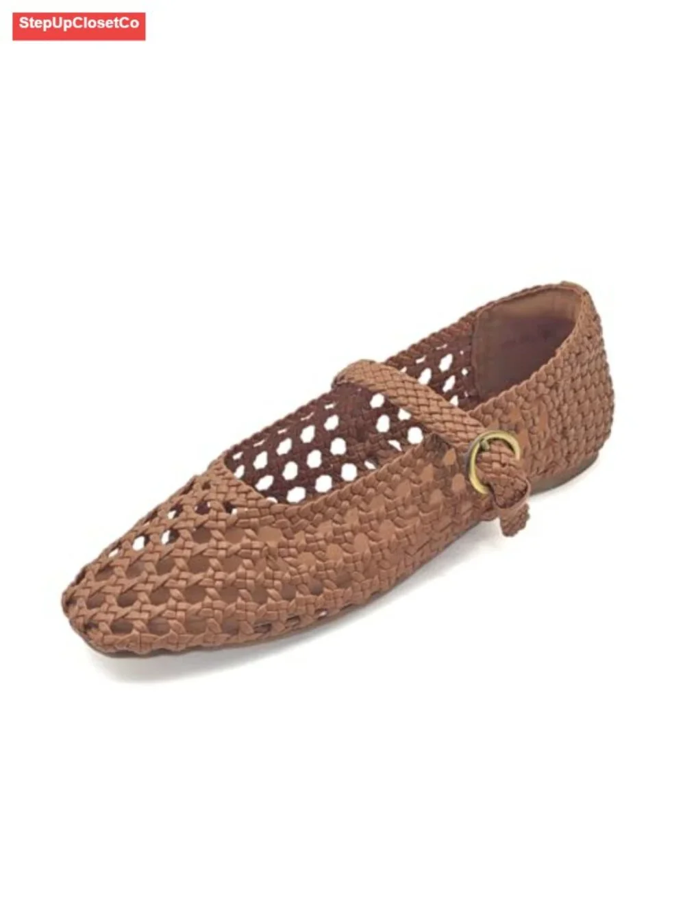 Hand Woven Vegan Faux Leather Mary Jane Flats Square Toe Memory Foam
